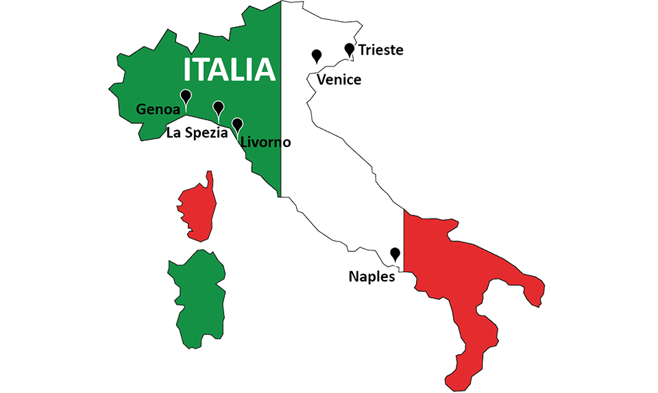 Bản đồ vị trí các cảng biển tại Ý (Italia)