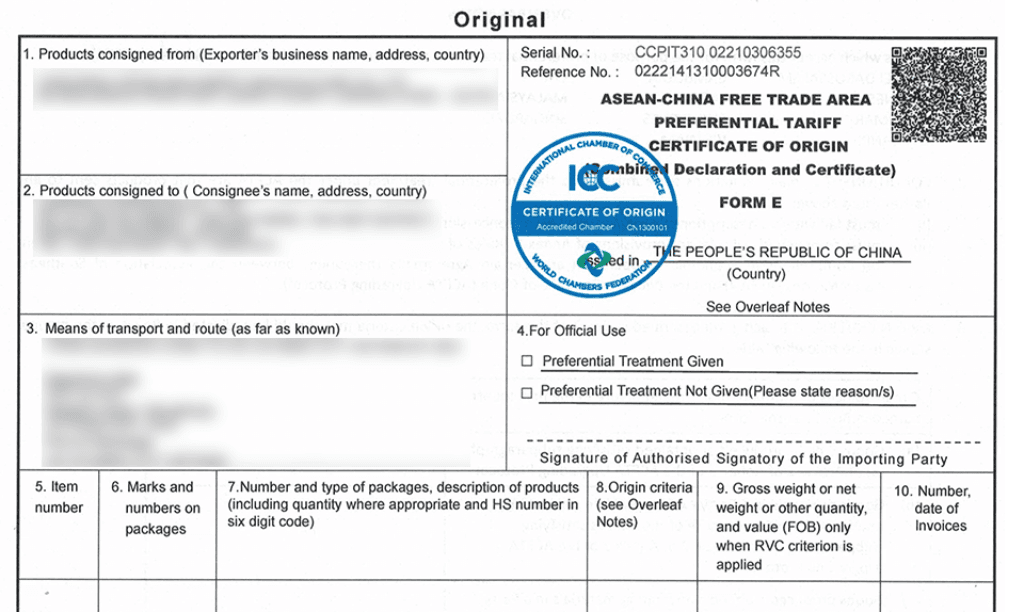 Mẫu giấy chứng nhận CO Form E