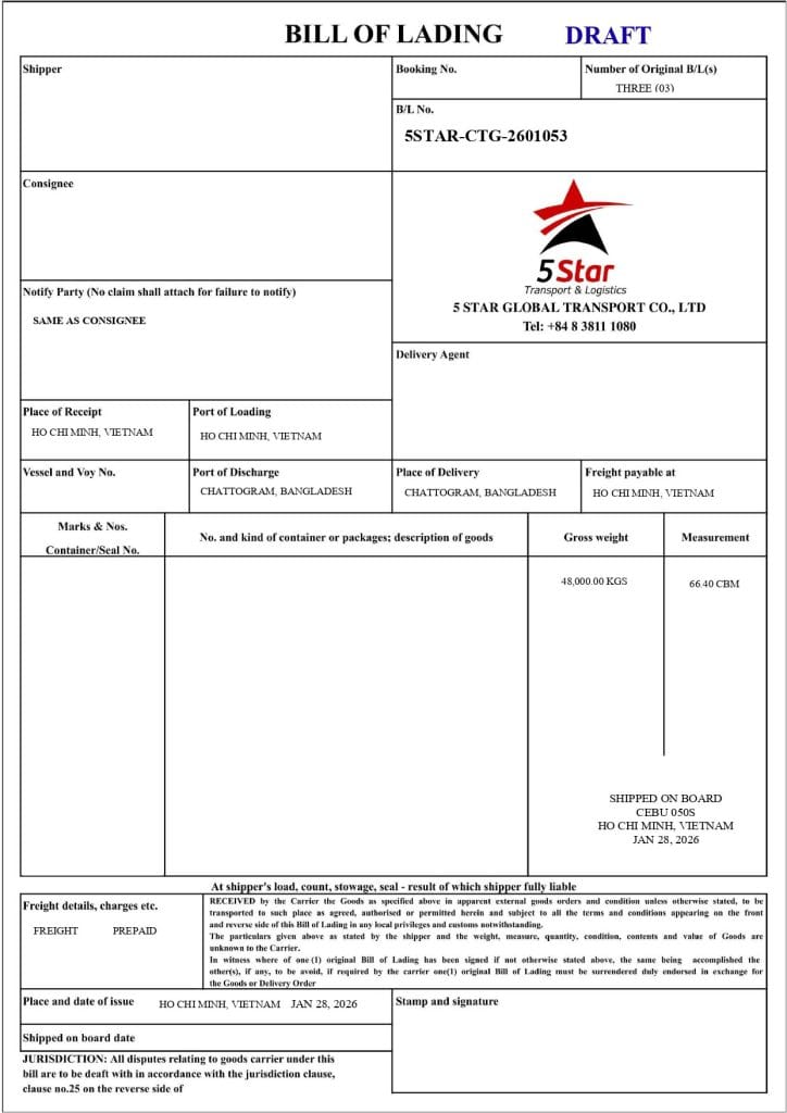 Bill of Lading mẫu chuẩn quốc tế