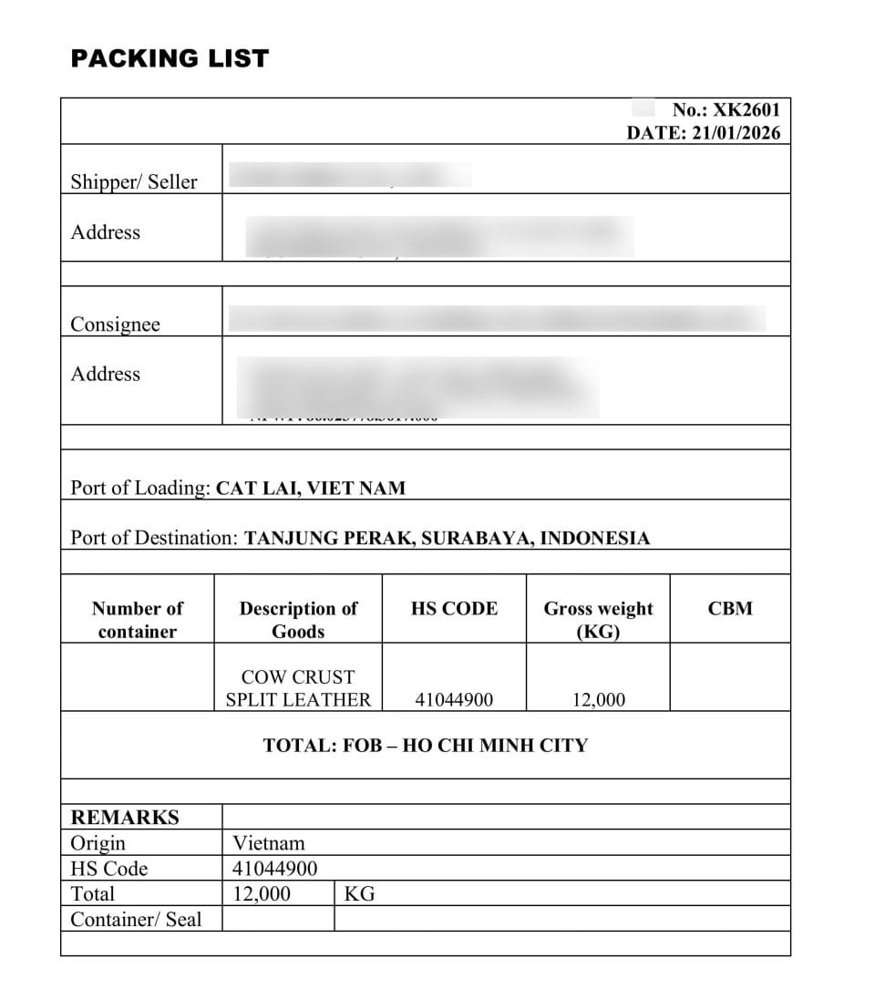 Mẫu Packing List 5Startrans đã làm