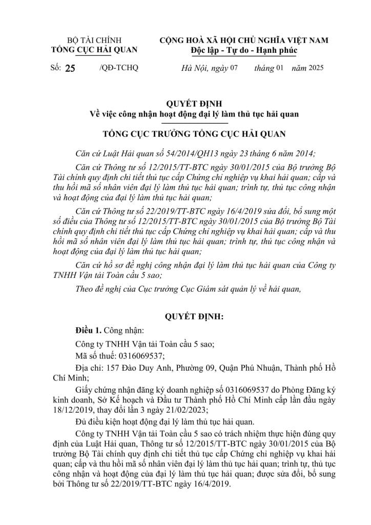 Giấy chứng nhận Vận Tải Năm Sao hoạt động đại lý làm thủ tục hải quan của Tổng cục hải quan xác nhận