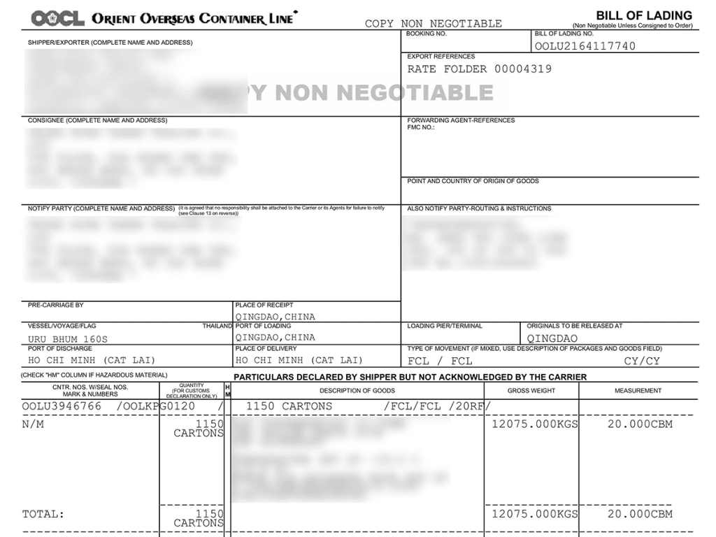 Mẫu bill of lading mà 5Startrans đã làm