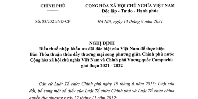 Nghị Định 83/2021/NĐ-CP Biểu Thuế Thúc Đẩy Thương Mại Campuchia